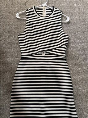 Express Black & White Striped Midi Dress with Waist Cutout